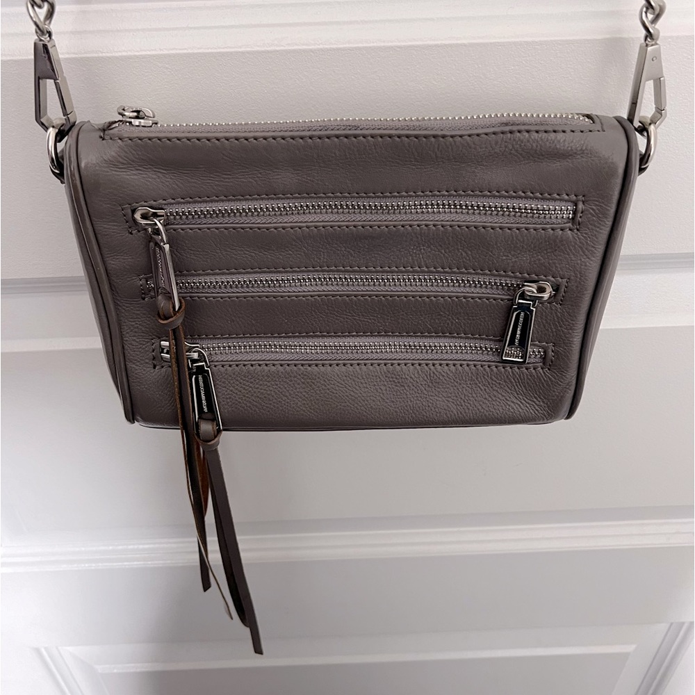 Rebecca Minkoff Three Zip Leather Studded Crossbody Bag Gray Taupe